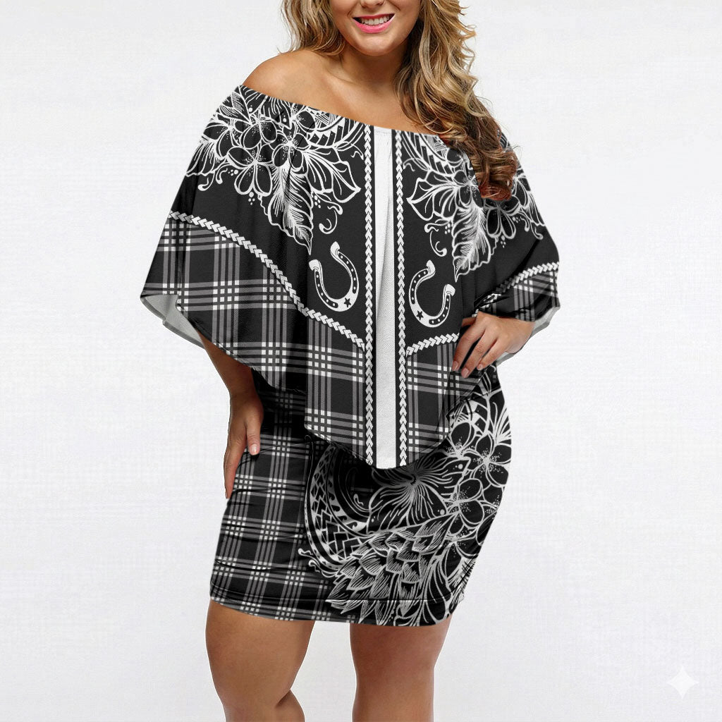 Hawai'i Paniolo Motif Black Off Shoulder Short Dress Floral Palaka Print