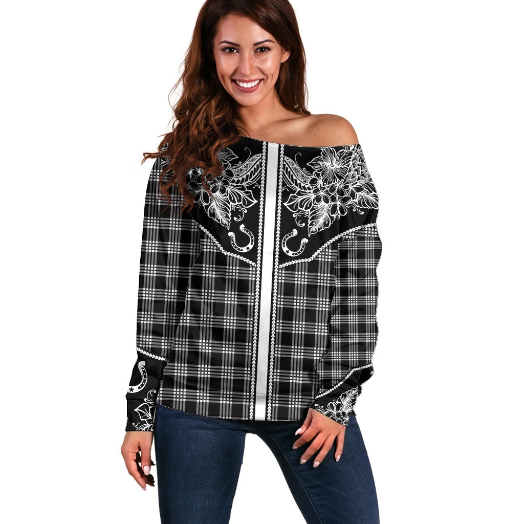 Hawai'i Paniolo Motif Black Off Shoulder Sweater Floral Palaka Print
