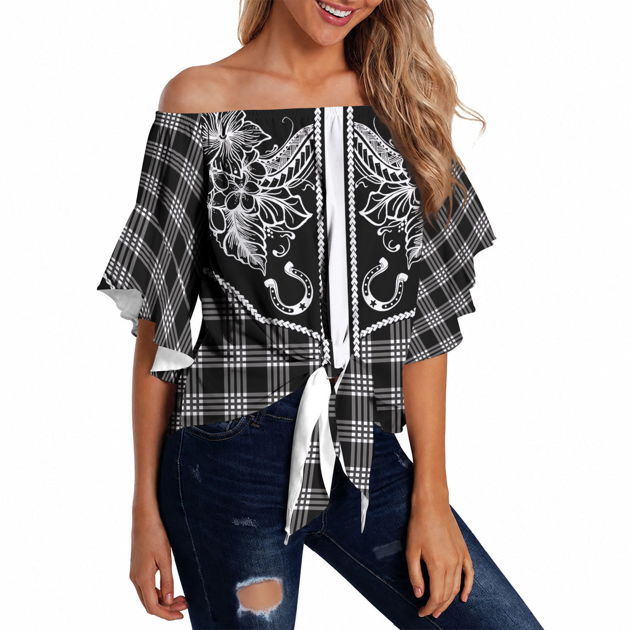 Hawai'i Paniolo Motif Black Off Shoulder Wrap Waist Top Floral Palaka Print