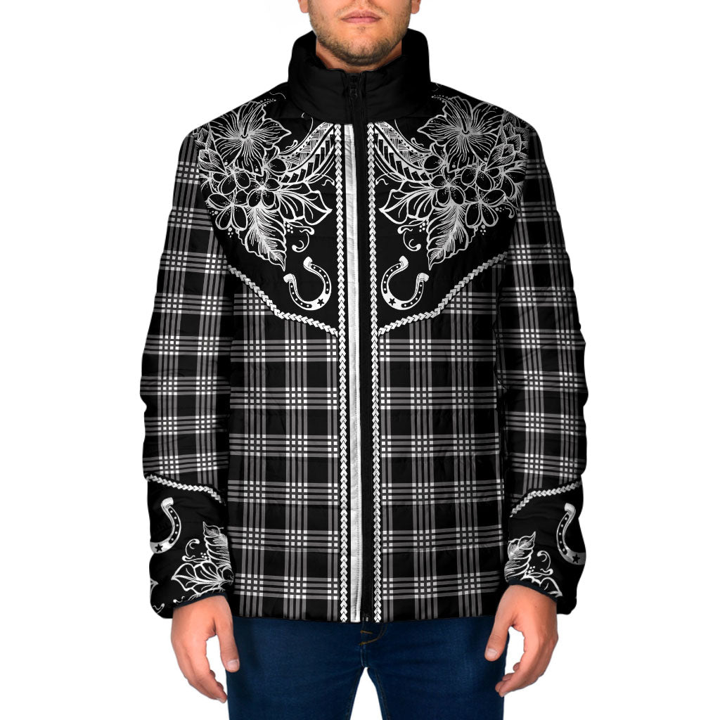 Hawai'i Paniolo Motif Black Padded Jacket Floral Palaka Print LT7 Men Black - Polynesian Pride