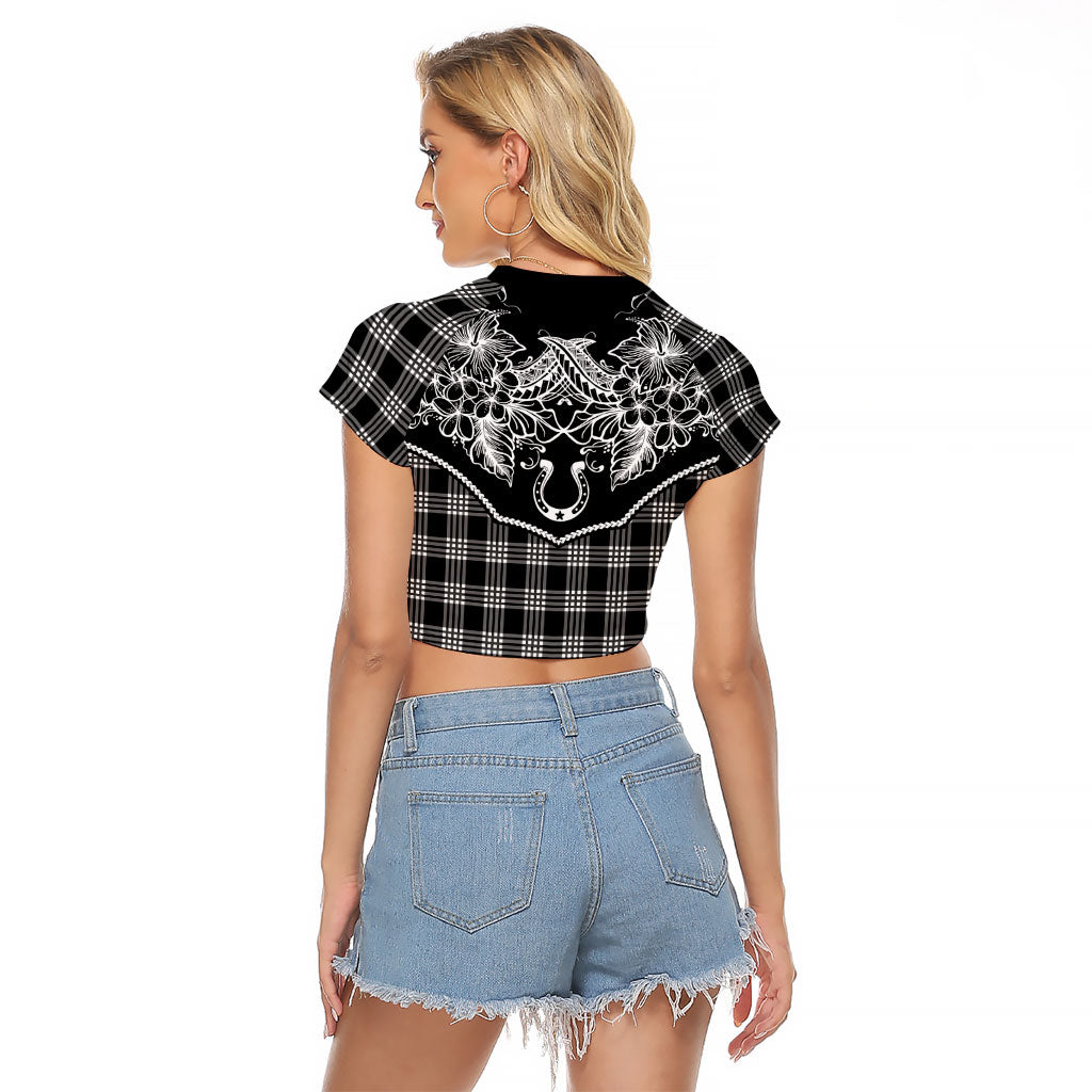 Hawai'i Paniolo Motif Black Raglan Cropped T Shirt Floral Palaka Print LT7 - Polynesian Pride