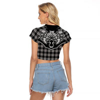 Hawai'i Paniolo Motif Black Raglan Cropped T Shirt Floral Palaka Print LT7 - Polynesian Pride