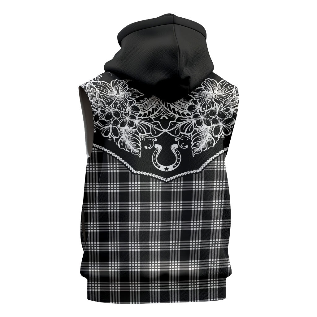 Hawai'i Paniolo Motif Black Sleeveless Hoodie Floral Palaka Print LT7 - Polynesian Pride