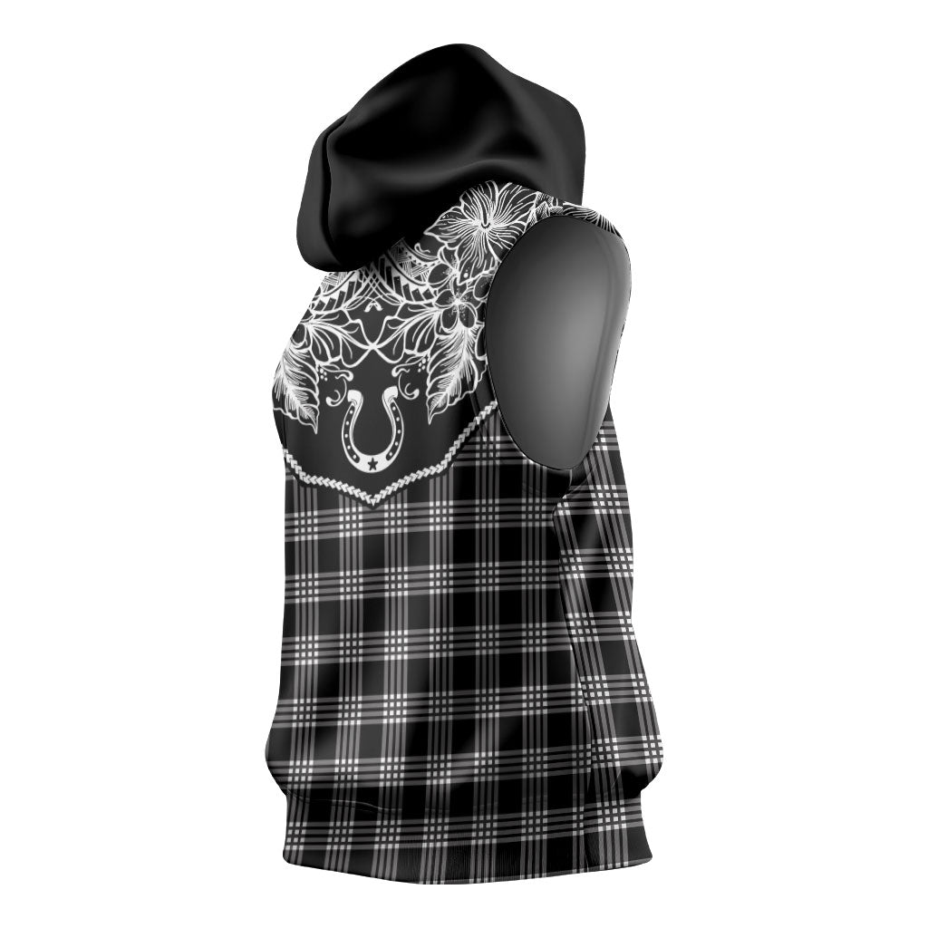 Hawai'i Paniolo Motif Black Sleeveless Hoodie Floral Palaka Print LT7 - Polynesian Pride