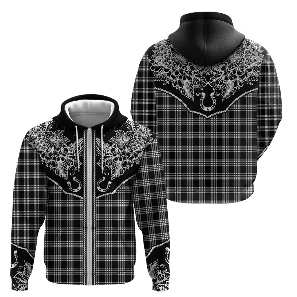 Hawai'i Paniolo Motif Black Zip Hoodie Floral Palaka Print LT7 - Polynesian Pride