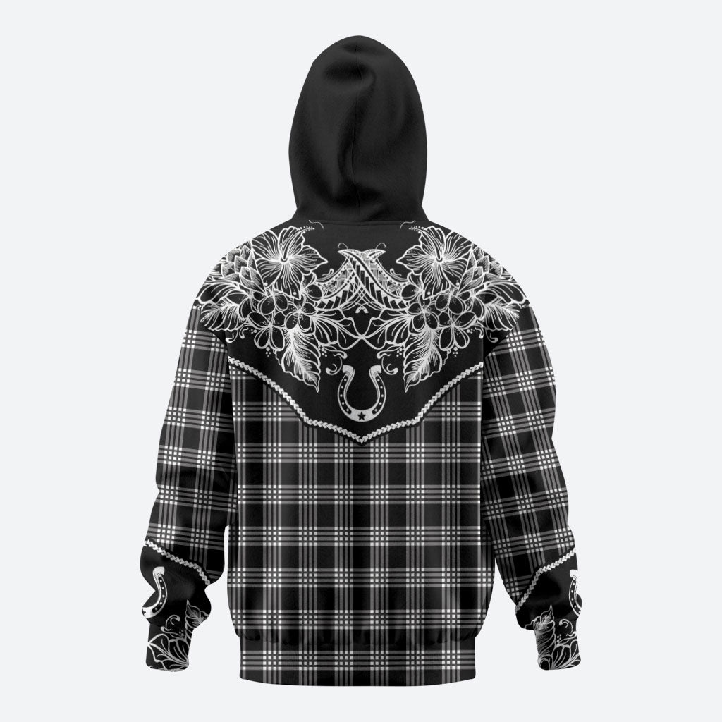 Hawai'i Paniolo Motif Black Zip Hoodie Floral Palaka Print LT7 - Polynesian Pride