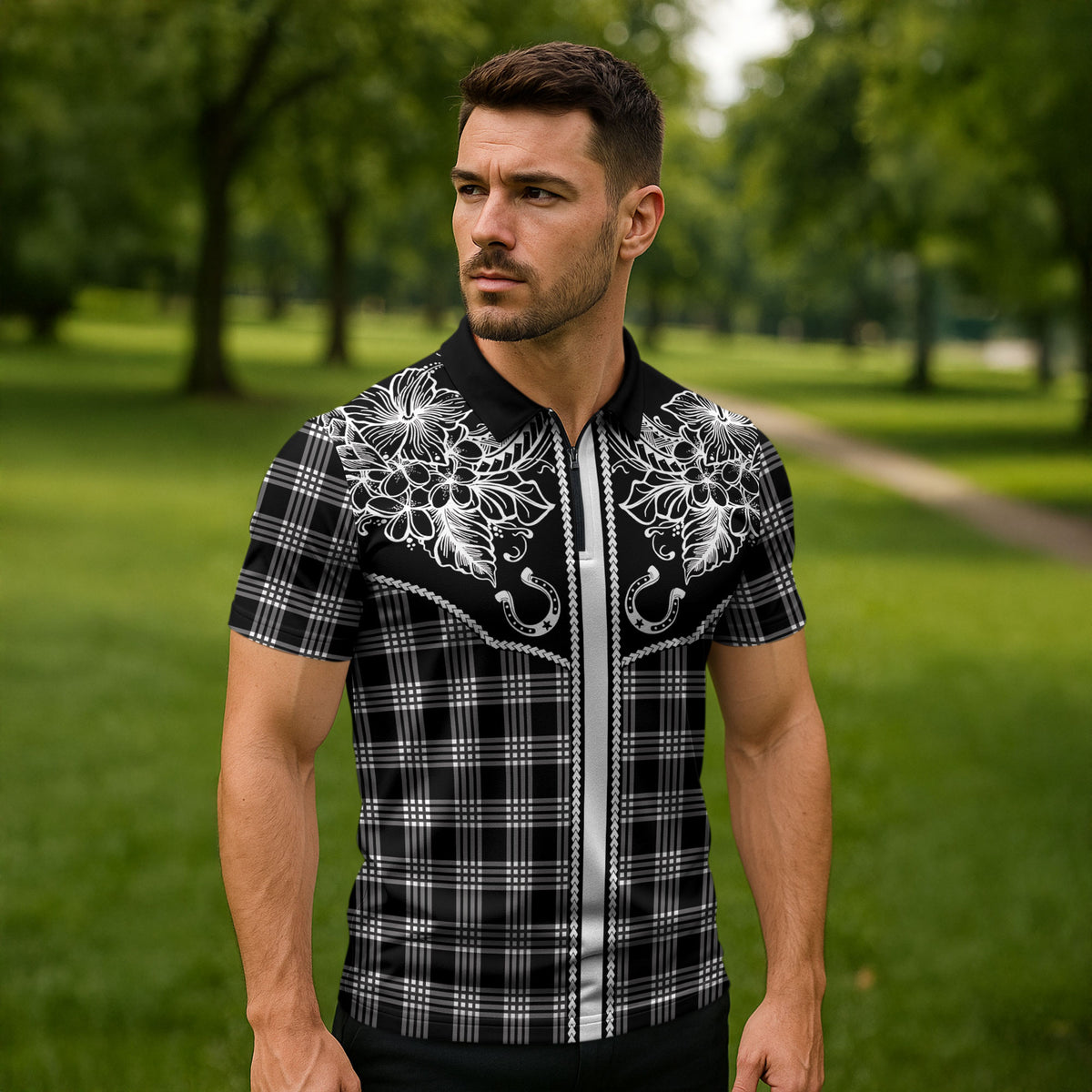 Hawai'i Paniolo Motif Black Zipper Polo Shirt Floral Palaka Print LT7 - Polynesian Pride