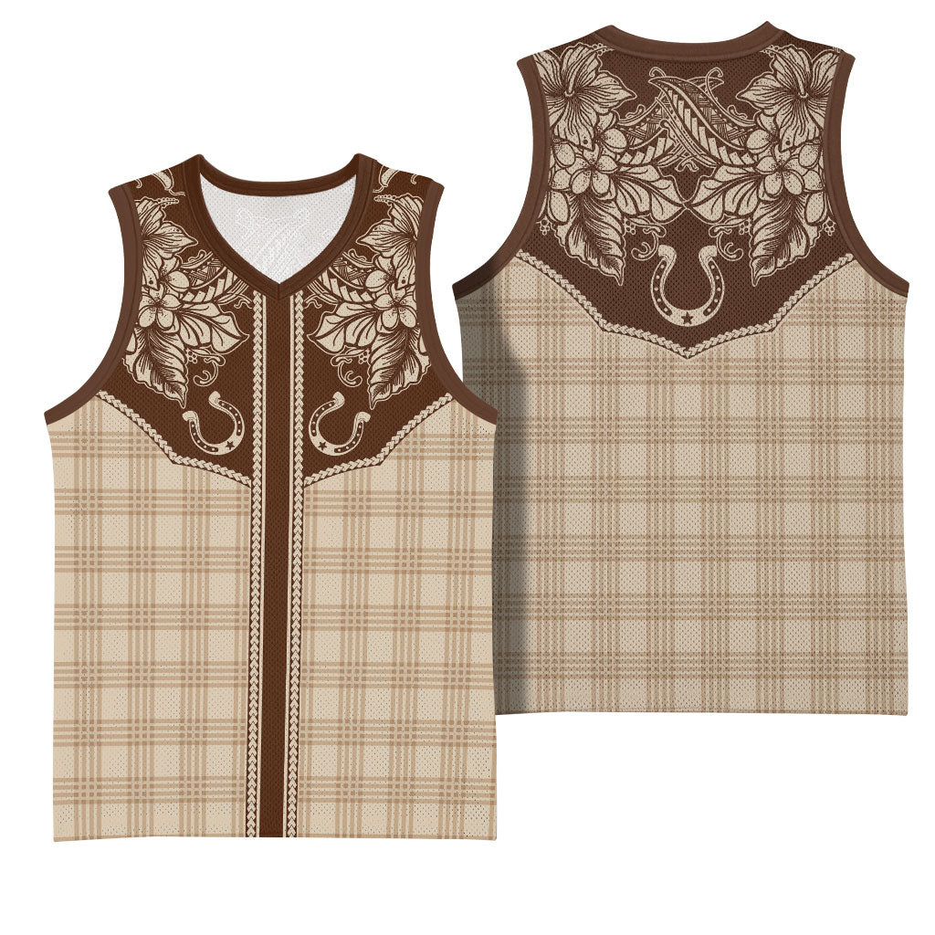 Hawai'i Paniolo Motif Leather Brown Basketball Jersey Floral Palaka Print LT7 - Polynesian Pride