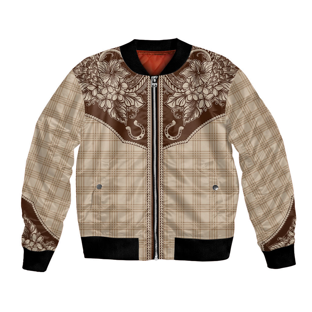Hawai'i Paniolo Motif Leather Brown Bomber Jacket Floral Palaka Print LT7 Unisex Brown - Polynesian Pride