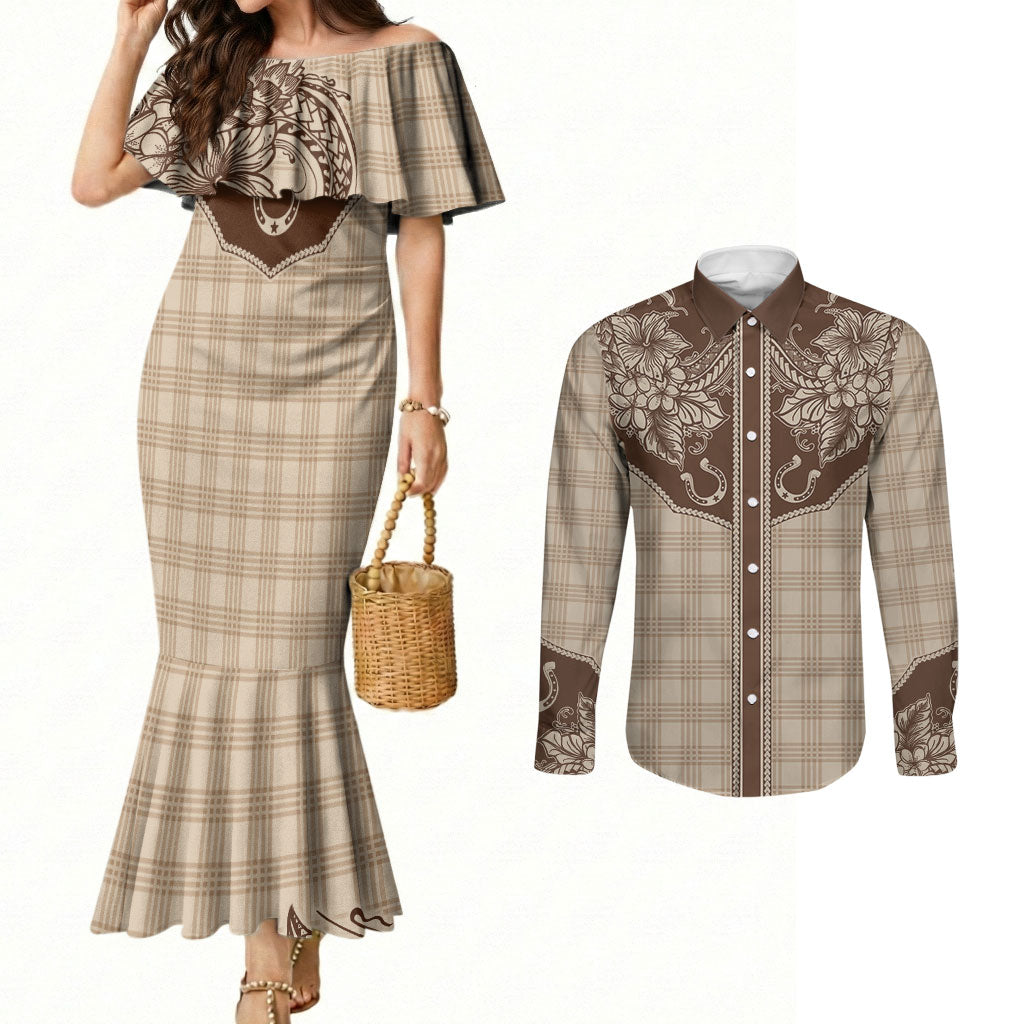 Hawai'i Paniolo Motif Leather Brown Couples Matching Mermaid Dress and Long Sleeve Button Shirt Floral Palaka Print