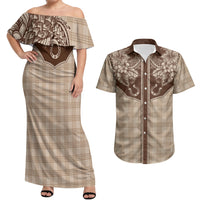 Hawai'i Paniolo Motif Leather Brown Couples Matching Off Shoulder Maxi Dress and Hawaiian Shirt Floral Palaka Print LT7 Brown - Polynesian Pride