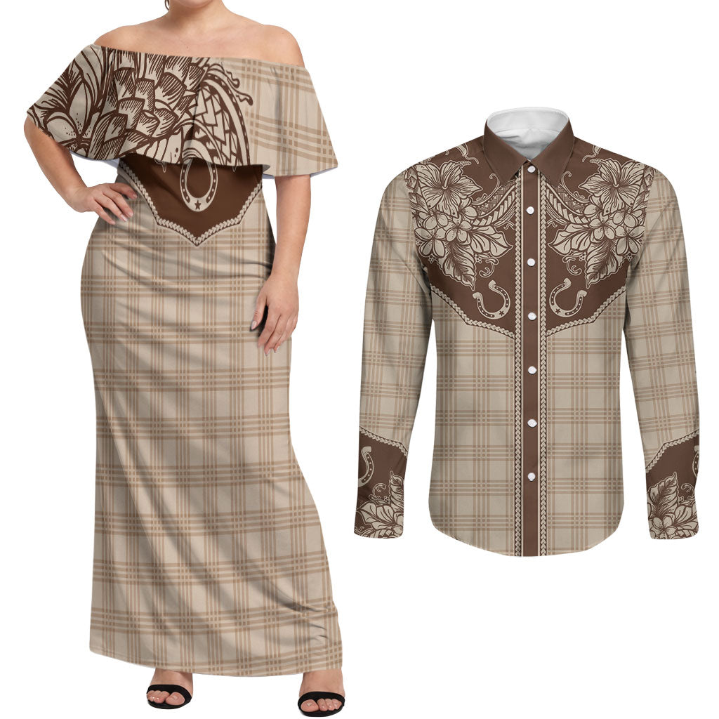 Hawai'i Paniolo Motif Leather Brown Couples Matching Off Shoulder Maxi Dress and Long Sleeve Button Shirt Floral Palaka Print LT7 Brown - Polynesian Pride