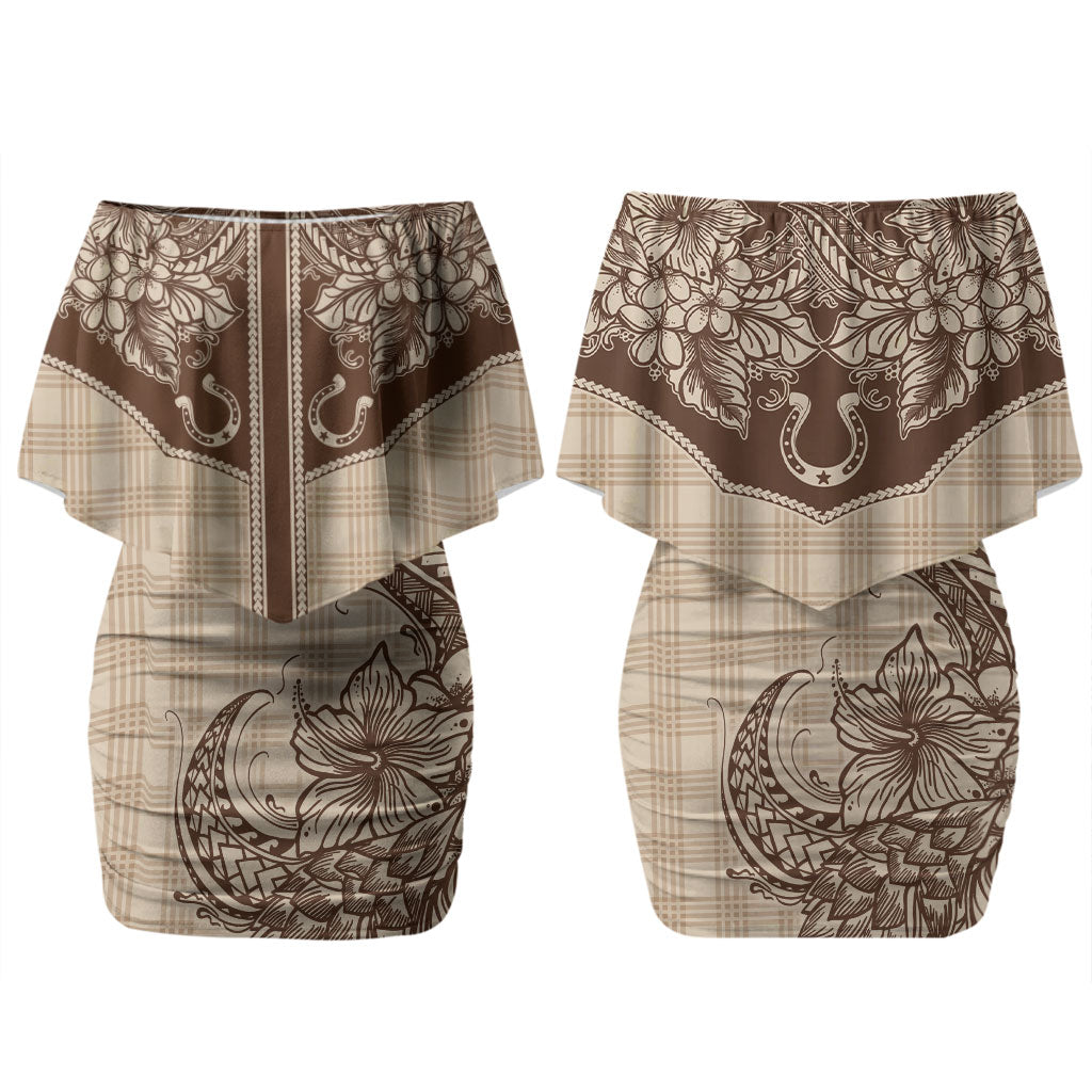 Hawai'i Paniolo Motif Leather Brown Couples Matching Off Shoulder Short Dress and Hawaiian Shirt Floral Palaka Print LT7 - Polynesian Pride
