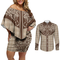 Hawai'i Paniolo Motif Leather Brown Couples Matching Off Shoulder Short Dress and Long Sleeve Button Shirt Floral Palaka Print LT7 Brown - Polynesian Pride