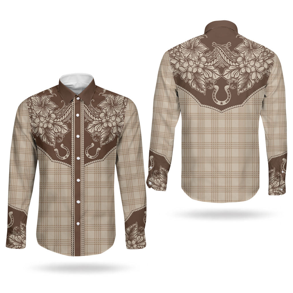 Hawai'i Paniolo Motif Leather Brown Couples Matching Off Shoulder Short Dress and Long Sleeve Button Shirt Floral Palaka Print LT7 - Polynesian Pride