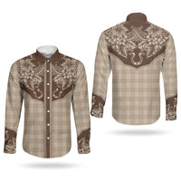 Hawai'i Paniolo Motif Leather Brown Couples Matching Off Shoulder Short Dress and Long Sleeve Button Shirt Floral Palaka Print LT7 - Polynesian Pride