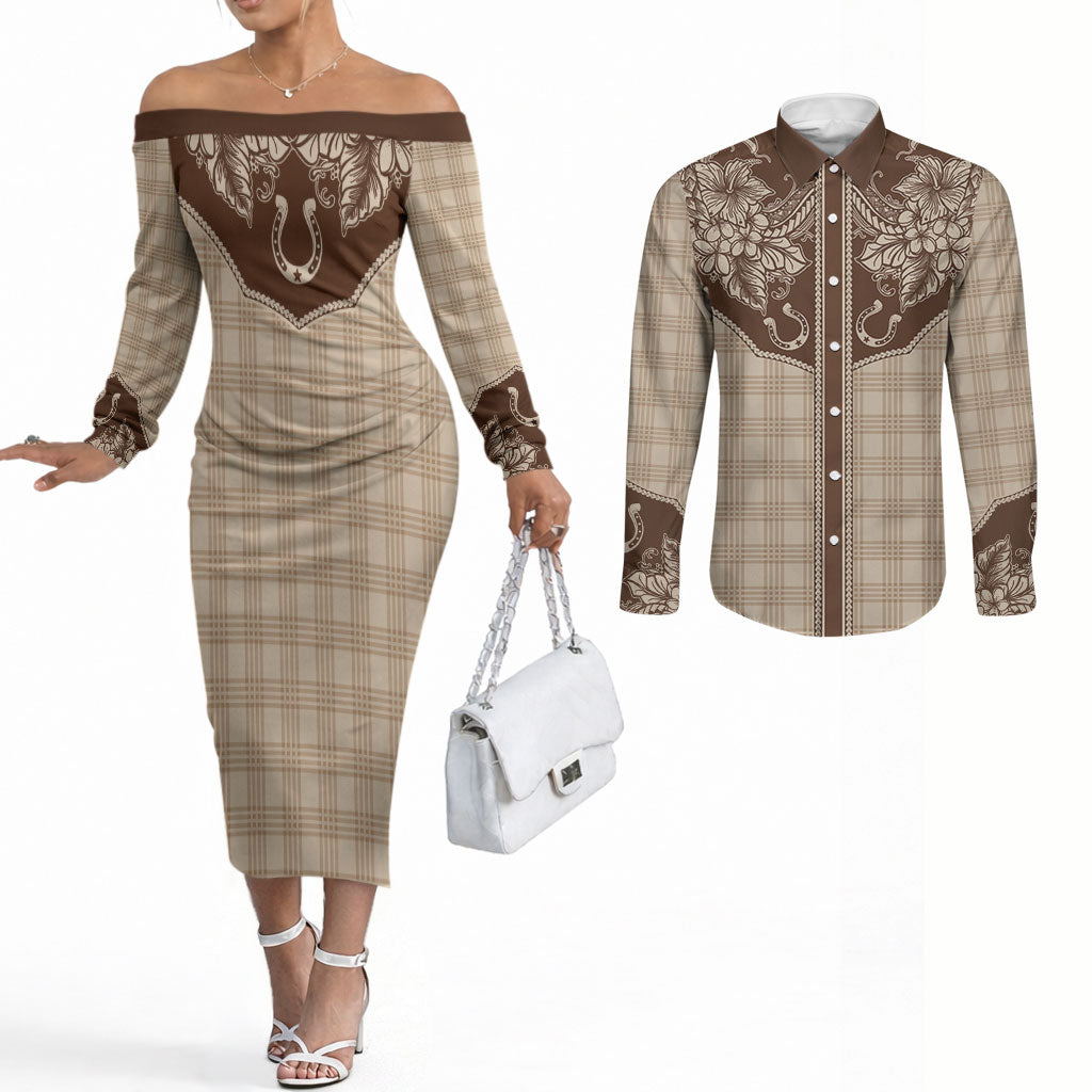 Hawai'i Paniolo Motif Leather Brown Couples Matching Off The Shoulder Long Sleeve Dress and Long Sleeve Button Shirt Floral Palaka Print
