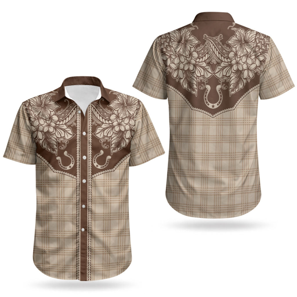 Hawai'i Paniolo Motif Leather Brown Couples Matching Summer Maxi Dress and Hawaiian Shirt Floral Palaka Print LT7 - Polynesian Pride