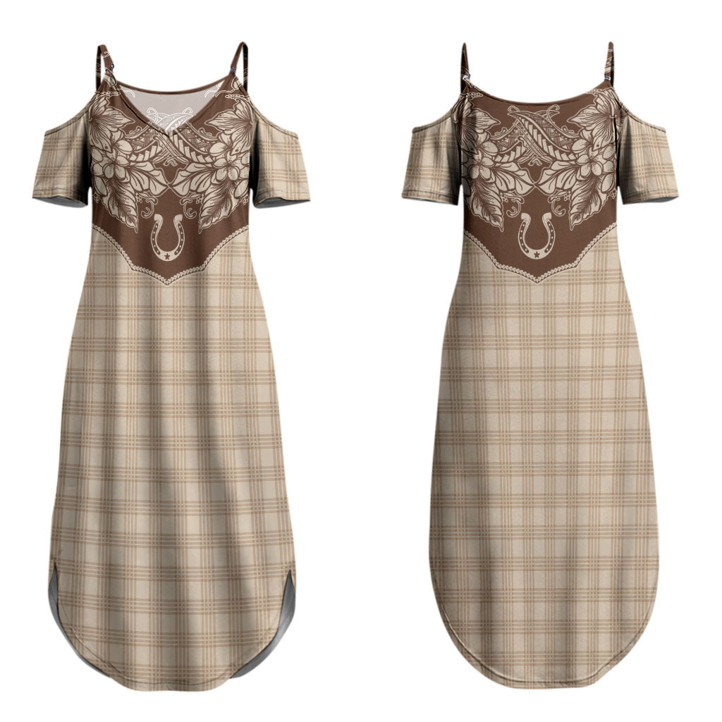 Hawai'i Paniolo Motif Leather Brown Couples Matching Summer Maxi Dress and Hawaiian Shirt Floral Palaka Print LT7 - Polynesian Pride