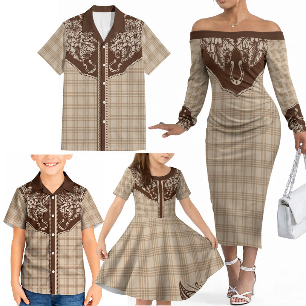 Hawai'i Paniolo Motif Leather Brown Family Matching Off The Shoulder Long Sleeve Dress and Hawaiian Shirt Floral Palaka Print LT7 - Polynesian Pride