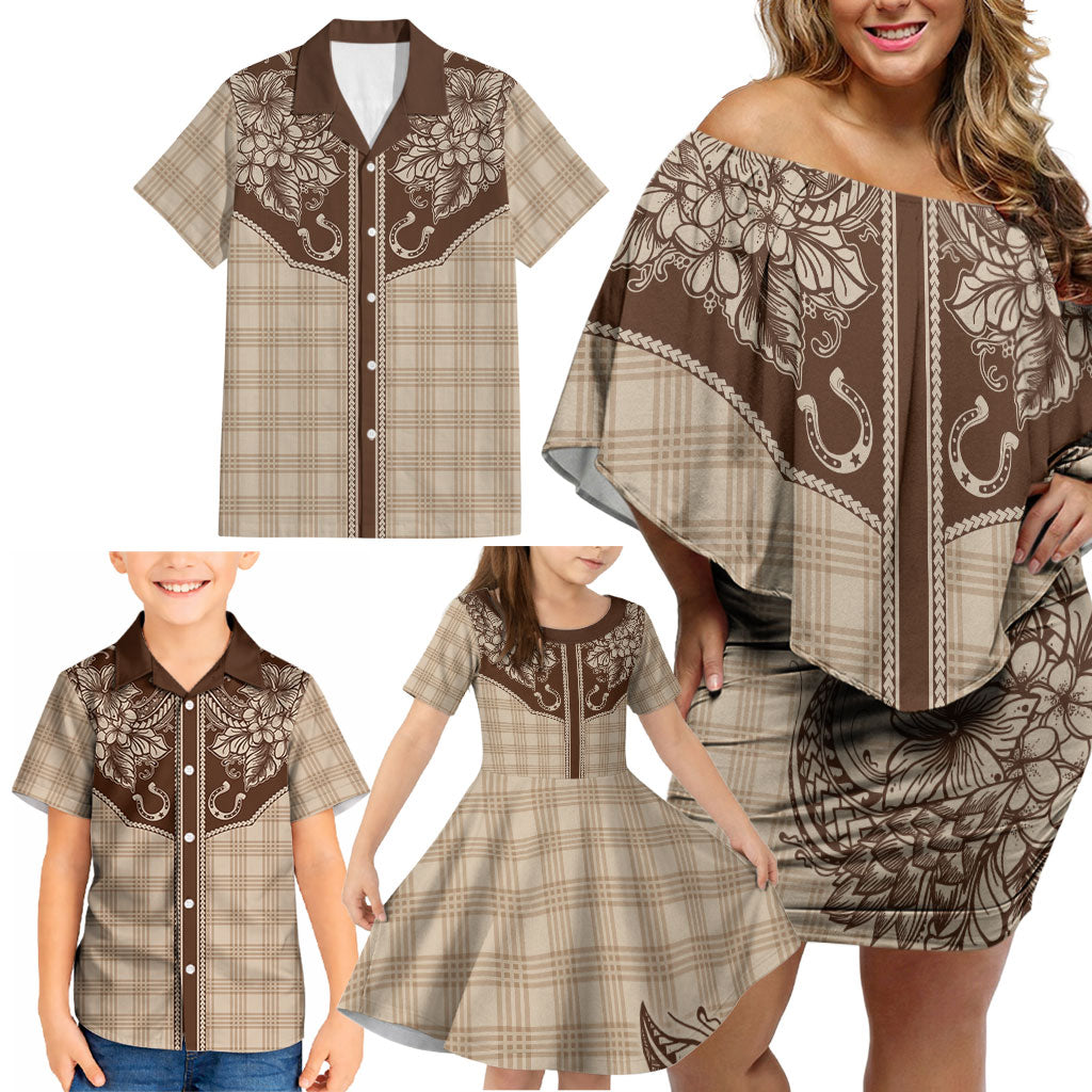 Hawai'i Paniolo Motif Leather Brown Family Matching Off Shoulder Short Dress and Hawaiian Shirt Floral Palaka Print LT7 - Polynesian Pride