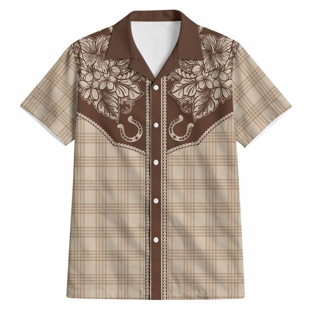 Hawai'i Paniolo Motif Leather Brown Hawaiian Shirt Floral Palaka Print LT7 Brown - Polynesian Pride