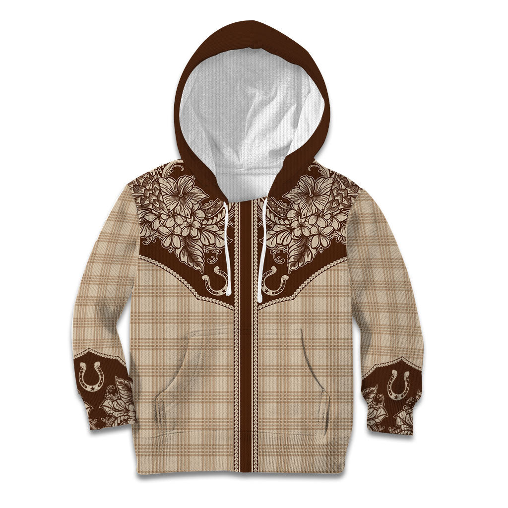 Hawai'i Paniolo Motif Leather Brown Kid Hoodie Floral Palaka Print LT7 Hoodie Brown - Polynesian Pride