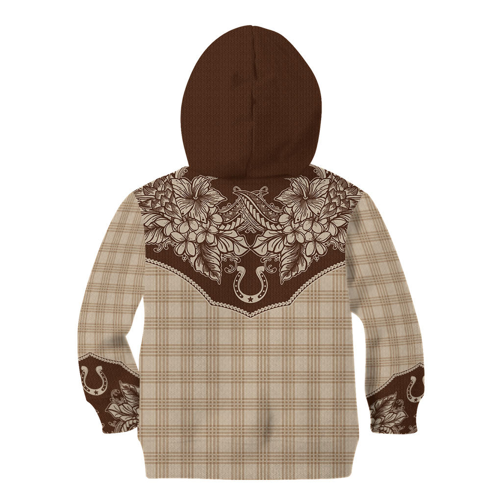 Hawai'i Paniolo Motif Leather Brown Kid Hoodie Floral Palaka Print LT7 - Polynesian Pride
