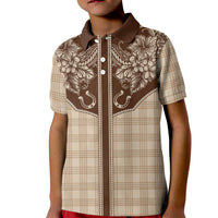 Hawai'i Paniolo Motif Leather Brown Kid Polo Shirt Floral Palaka Print LT7 Kid Brown - Polynesian Pride