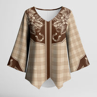 Hawai'i Paniolo Motif Leather Brown Kimono Sleeve Blouse Floral Palaka Print LT7 Female Brown - Polynesian Pride