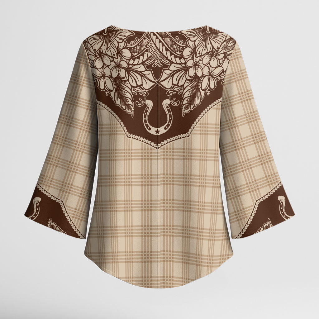Hawai'i Paniolo Motif Leather Brown Kimono Sleeve Blouse Floral Palaka Print LT7 - Polynesian Pride