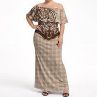 Hawai'i Paniolo Motif Leather Brown Off Shoulder Maxi Dress Floral Palaka Print LT7 Women Brown - Polynesian Pride