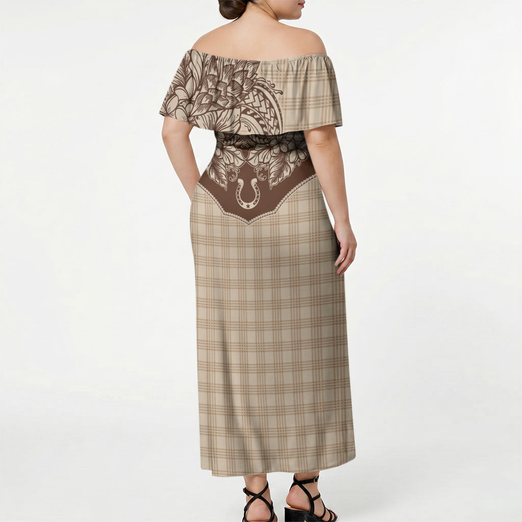 Hawai'i Paniolo Motif Leather Brown Off Shoulder Maxi Dress Floral Palaka Print LT7 - Polynesian Pride