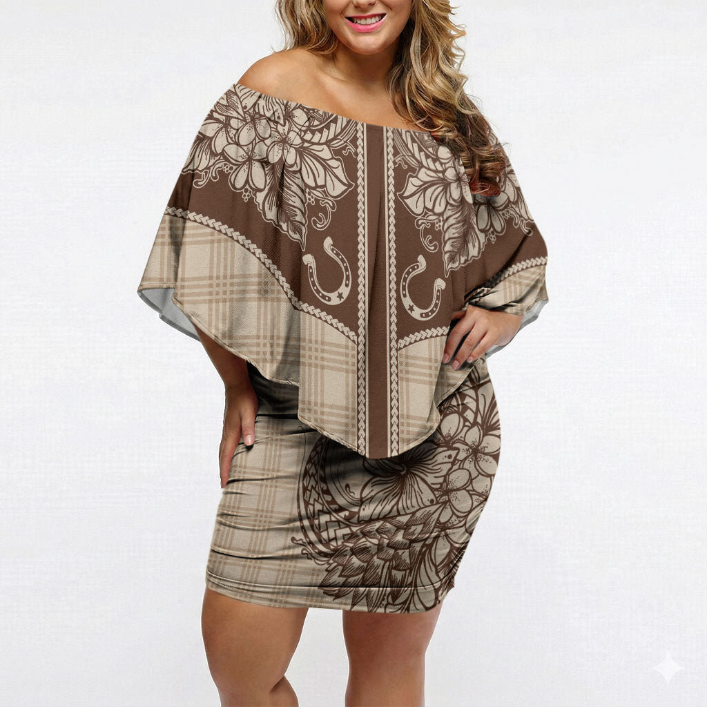 Hawai'i Paniolo Motif Leather Brown Off Shoulder Short Dress Floral Palaka Print