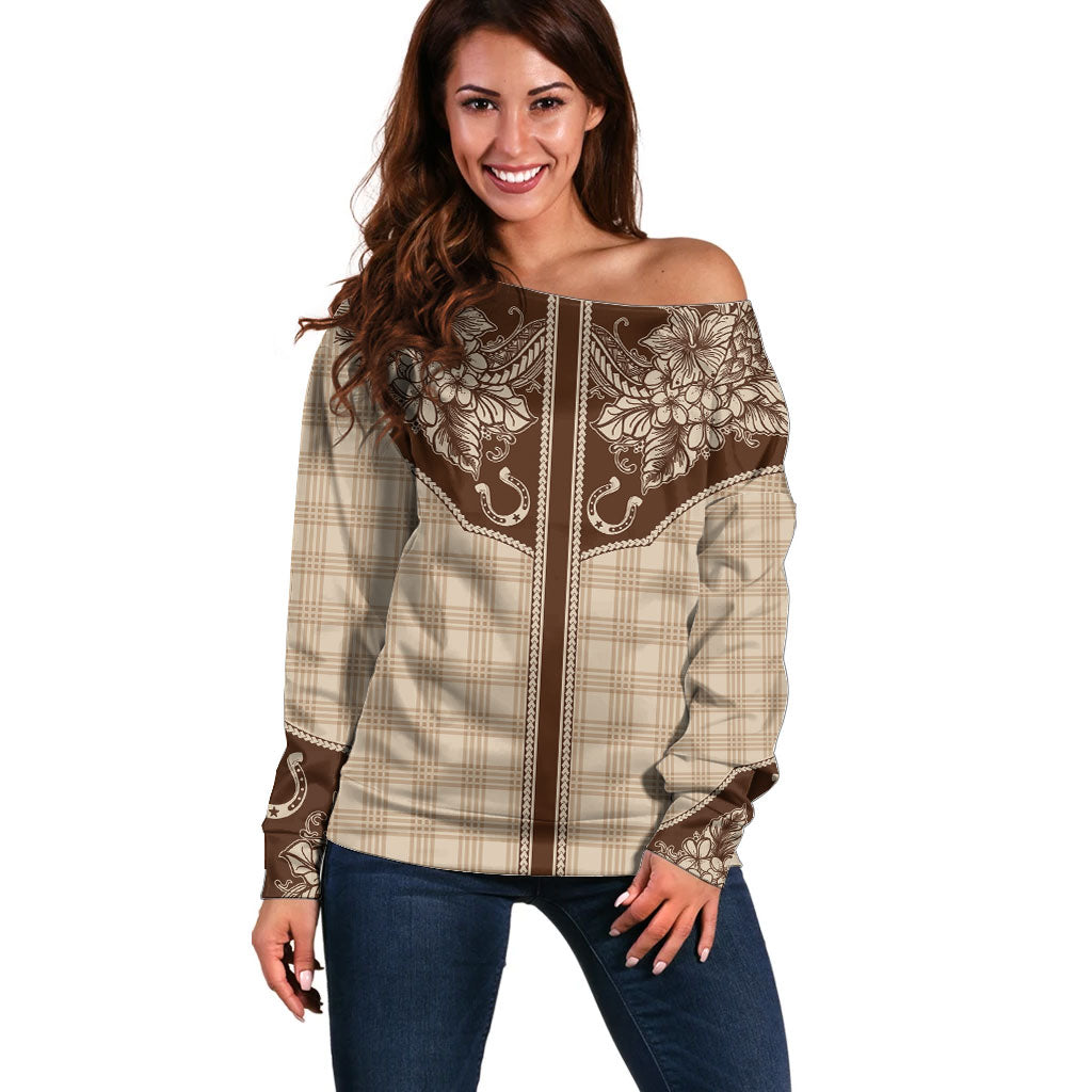 Hawai'i Paniolo Motif Leather Brown Off Shoulder Sweater Floral Palaka Print