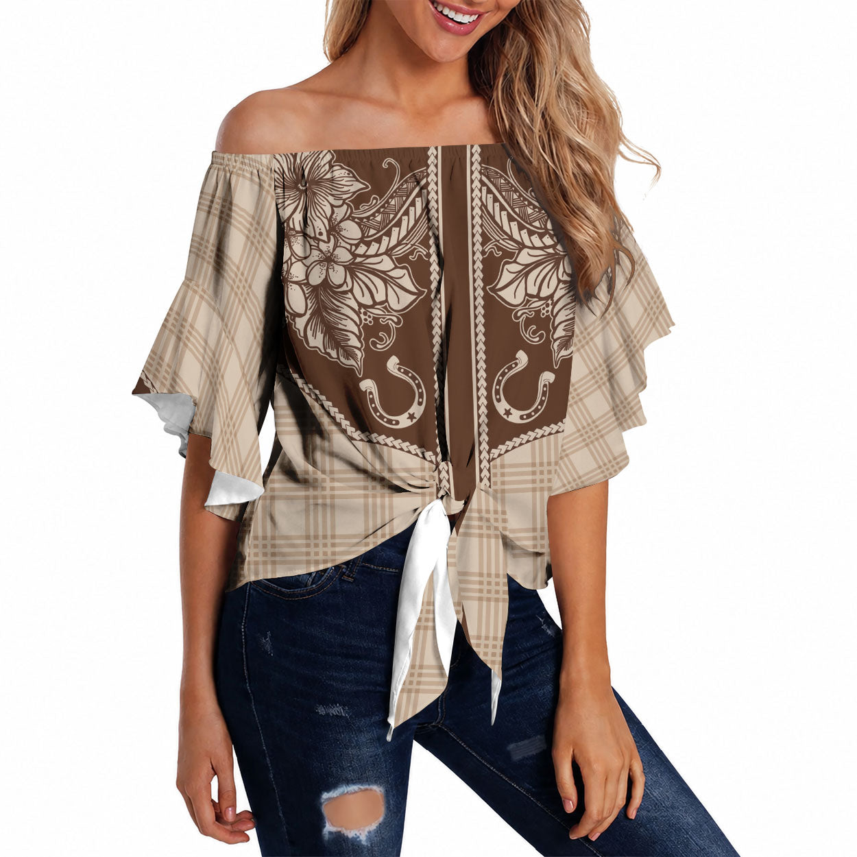 Hawai'i Paniolo Motif Leather Brown Off Shoulder Wrap Waist Top Floral Palaka Print