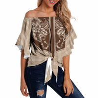 Hawai'i Paniolo Motif Leather Brown Off Shoulder Wrap Waist Top Floral Palaka Print LT7 Brown - Polynesian Pride