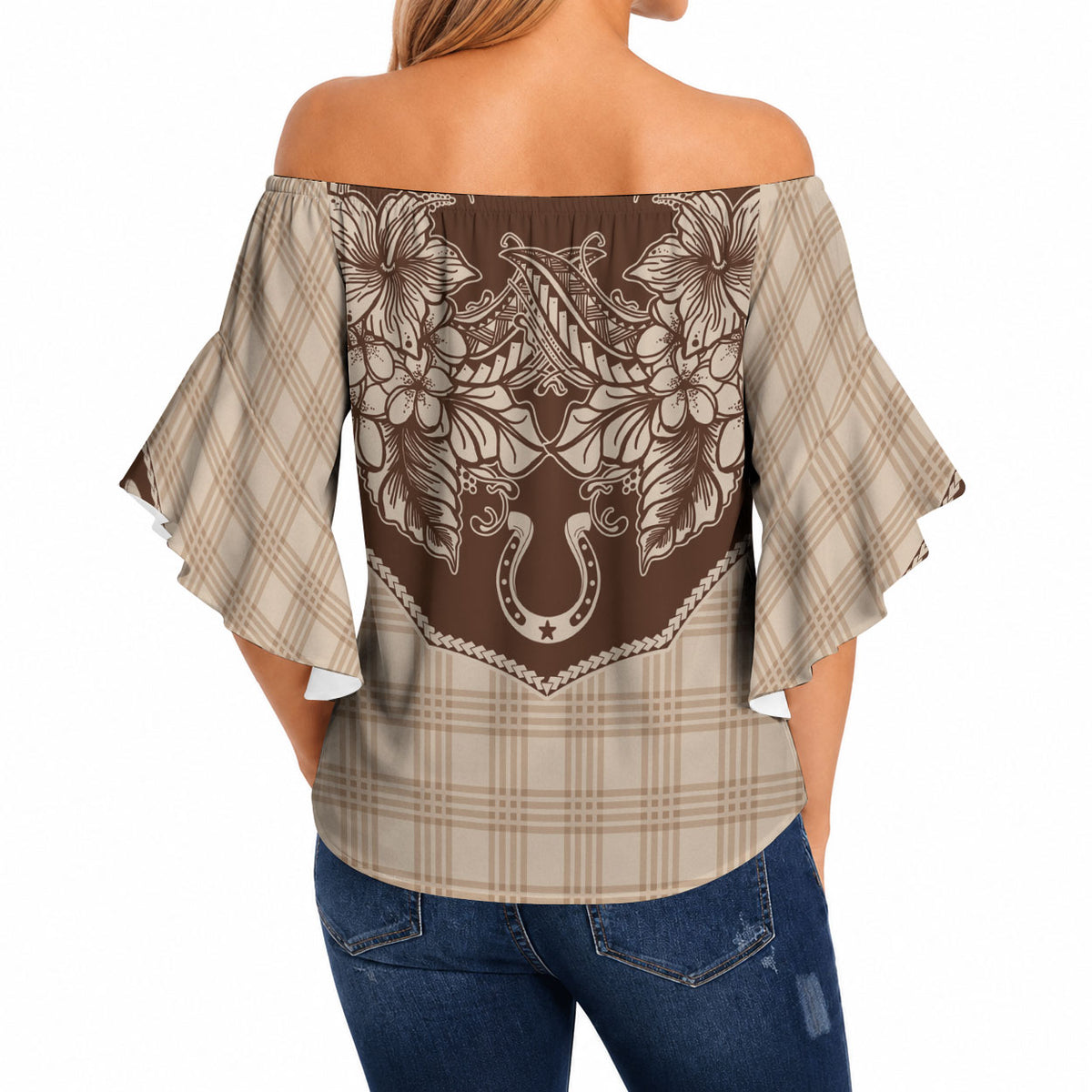 Hawai'i Paniolo Motif Leather Brown Off Shoulder Wrap Waist Top Floral Palaka Print LT7 - Polynesian Pride