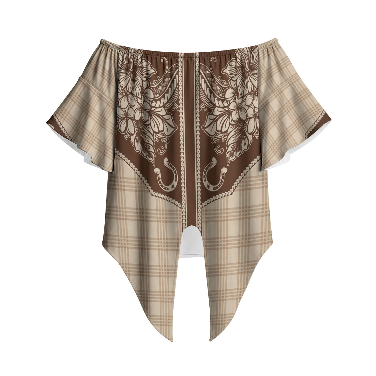 Hawai'i Paniolo Motif Leather Brown Off Shoulder Wrap Waist Top Floral Palaka Print LT7 - Polynesian Pride