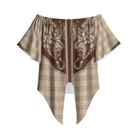 Hawai'i Paniolo Motif Leather Brown Off Shoulder Wrap Waist Top Floral Palaka Print LT7 - Polynesian Pride