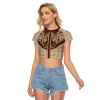 Hawai'i Paniolo Motif Leather Brown Raglan Cropped T Shirt Floral Palaka Print LT7 Female Brown - Polynesian Pride