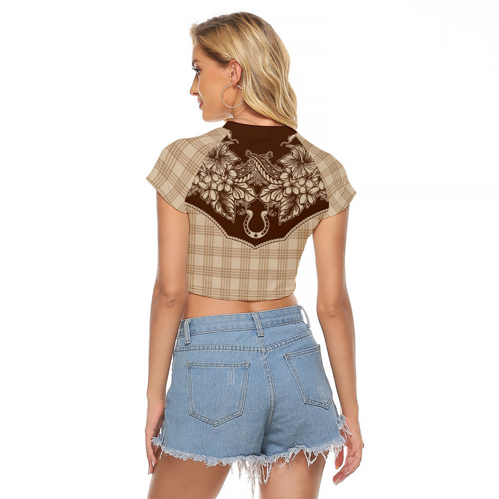 Hawai'i Paniolo Motif Leather Brown Raglan Cropped T Shirt Floral Palaka Print LT7 - Polynesian Pride