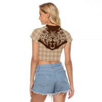 Hawai'i Paniolo Motif Leather Brown Raglan Cropped T Shirt Floral Palaka Print LT7 - Polynesian Pride