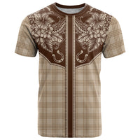 Hawai'i Paniolo Motif Leather Brown T Shirt Floral Palaka Print LT7 Brown - Polynesian Pride