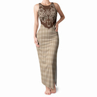 Hawai'i Paniolo Motif Leather Brown Tank Maxi Dress Floral Palaka Print LT7 Women Brown - Polynesian Pride