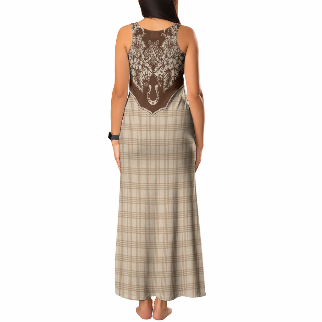 Hawai'i Paniolo Motif Leather Brown Tank Maxi Dress Floral Palaka Print LT7 - Polynesian Pride