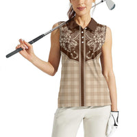 Hawai'i Paniolo Motif Leather Brown Women Sleeveless Polo Shirt Floral Palaka Print LT7 - Polynesian Pride