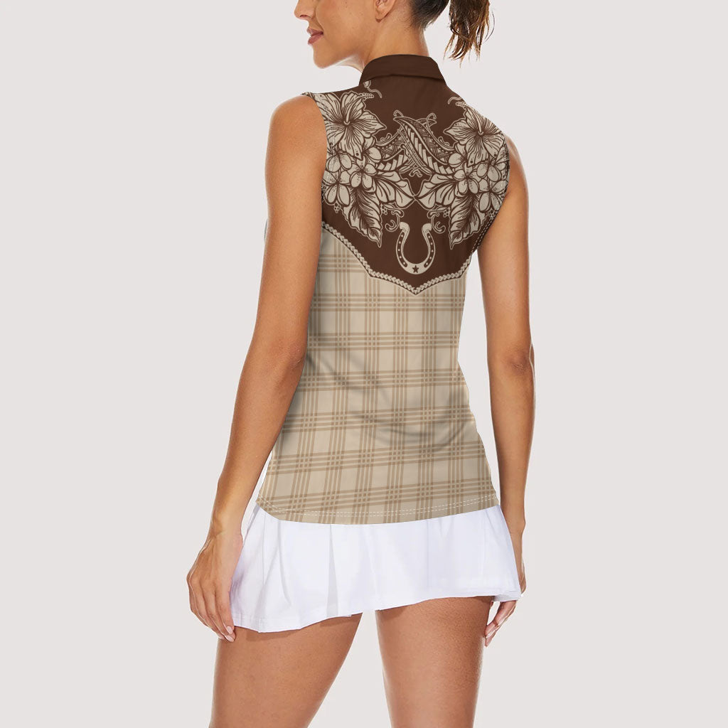 Hawai'i Paniolo Motif Leather Brown Women Sleeveless Polo Shirt Floral Palaka Print LT7 - Polynesian Pride