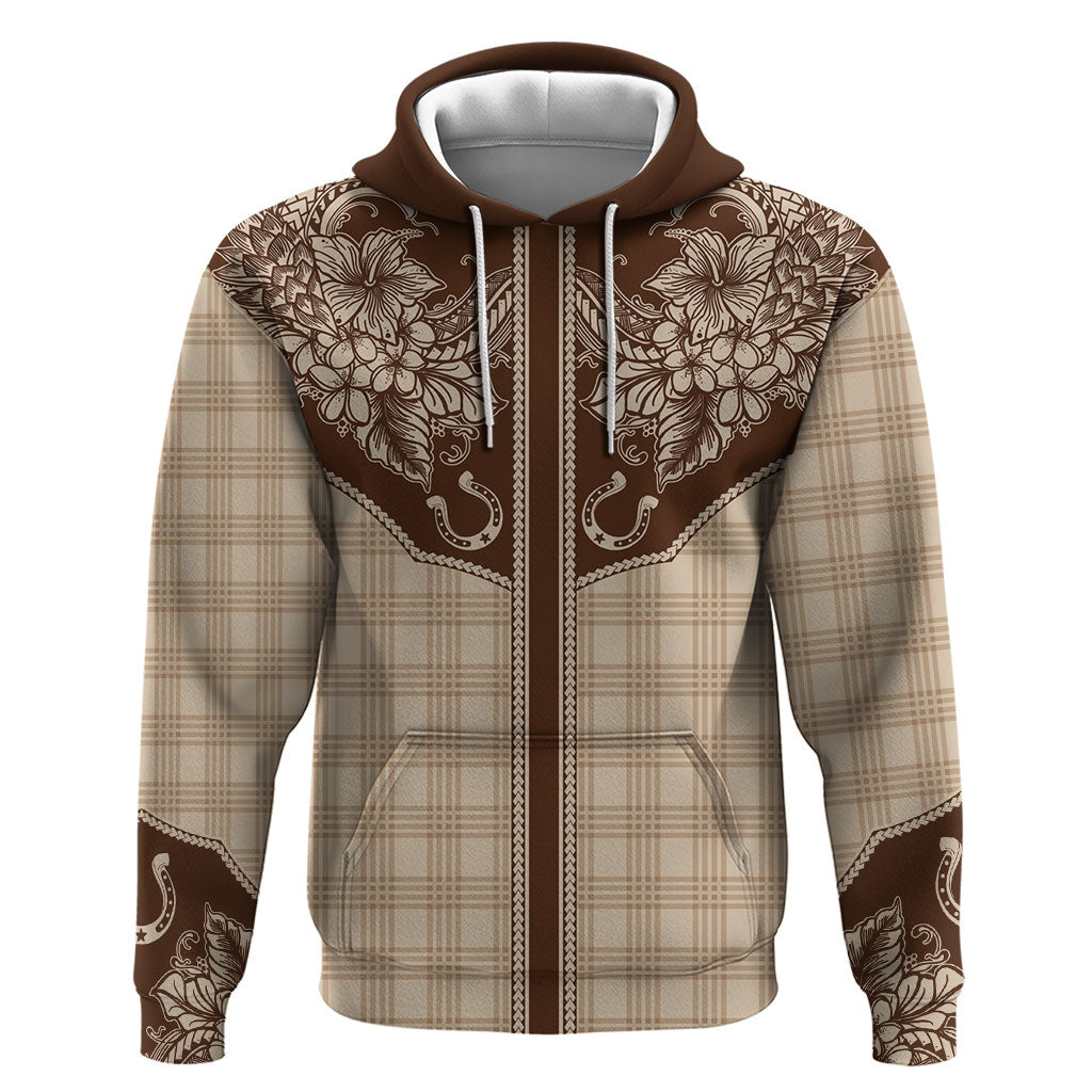 Hawai'i Paniolo Motif Leather Brown Zip Hoodie Floral Palaka Print LT7 Pullover Hoodie Brown - Polynesian Pride