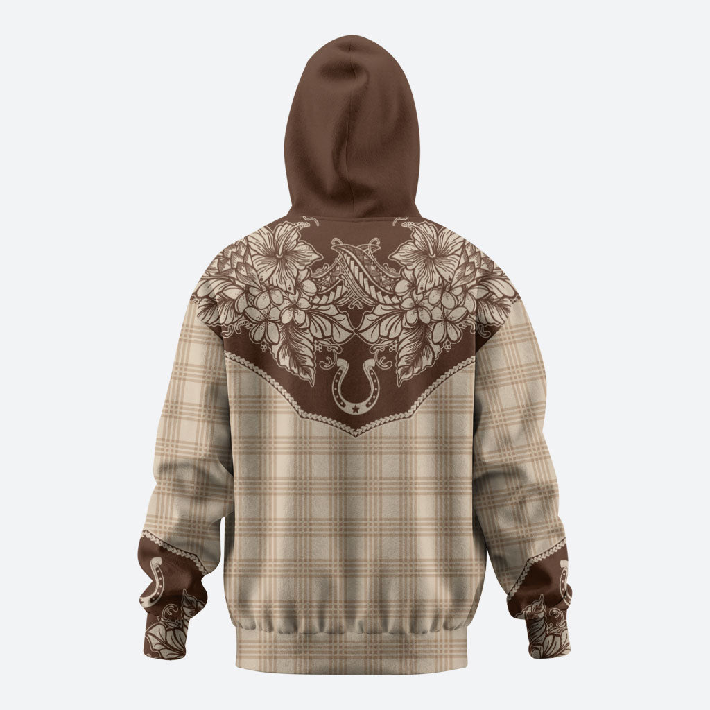 Hawai'i Paniolo Motif Leather Brown Zip Hoodie Floral Palaka Print LT7 - Polynesian Pride